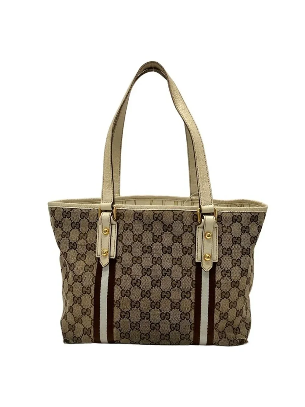 Gucci Tote GG Pattern Beige Dark Brown White Leather